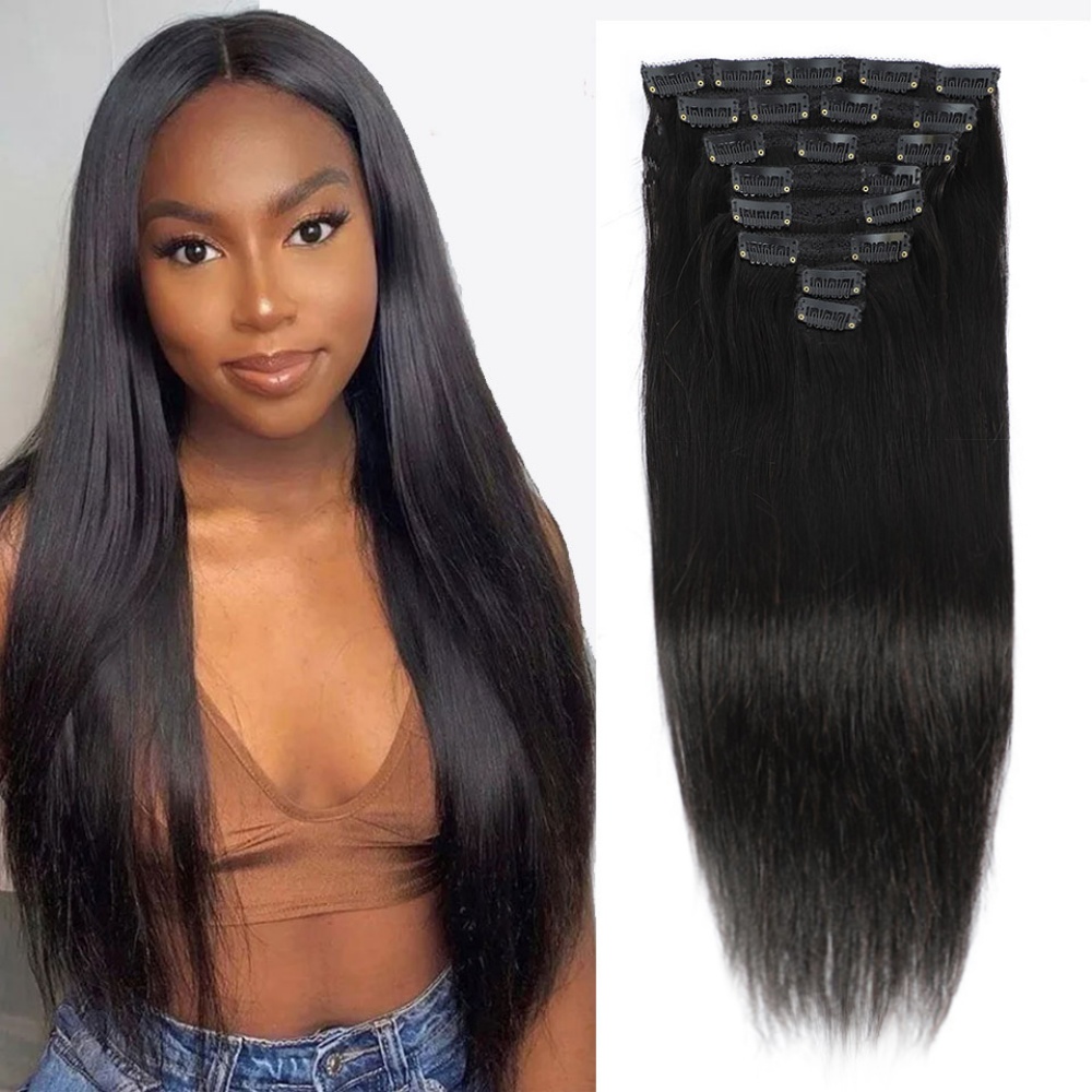 Seamless Clip In Hair Extensions Human Hair - وصلات شعر بشري بمشبك طبيعي مستقيم،