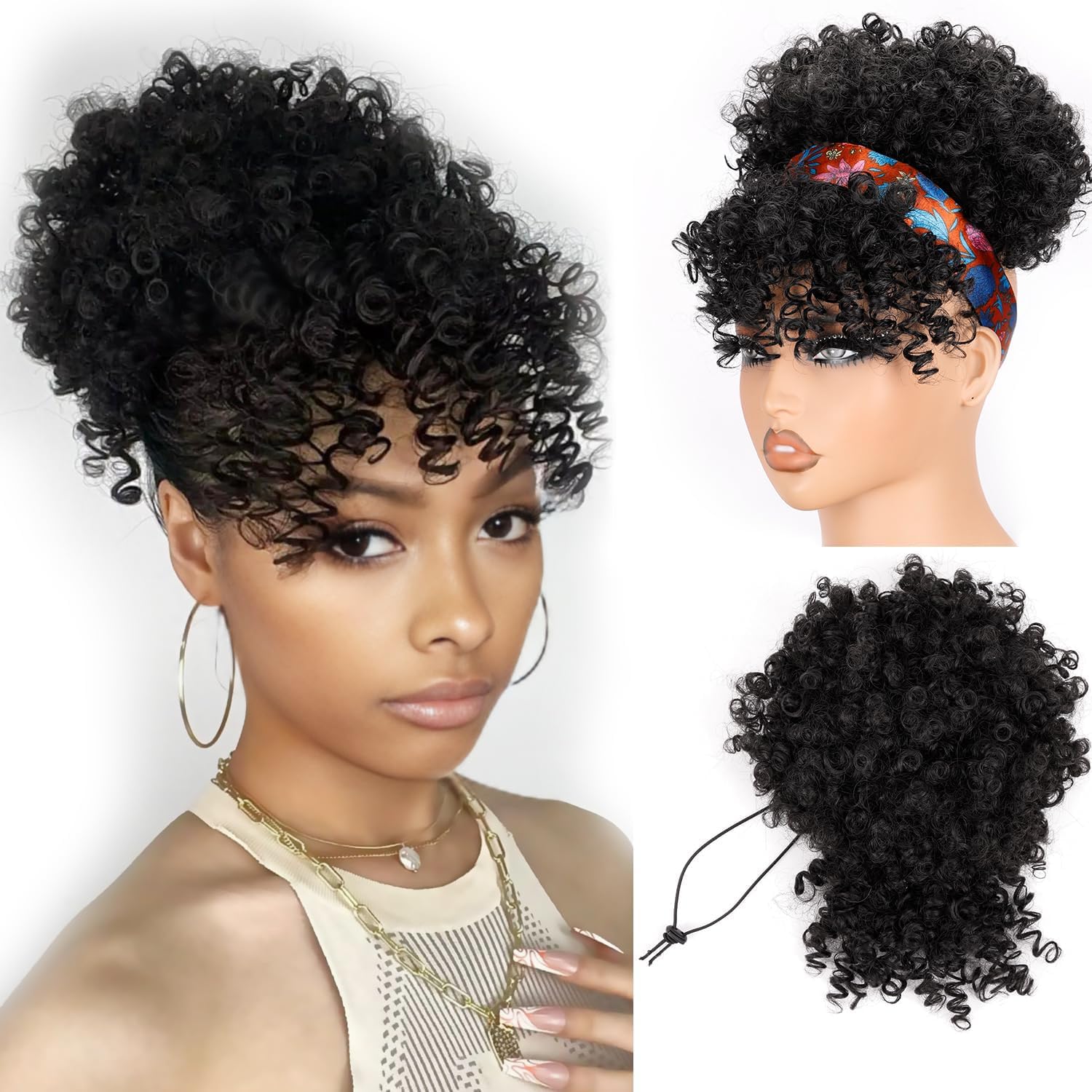 وصلة شعر ذيل حصان قصيرة برباط  - مراجعة Drawstring Afro Curly Puff Ponytail وسعره